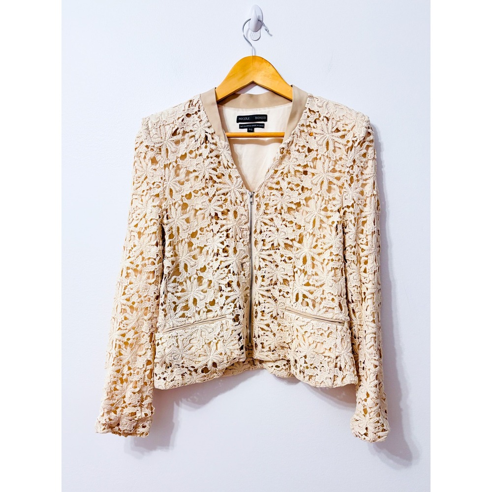 NICOLE BENISTI Beige Floral Crochet Lace Zip Front Jacket Small